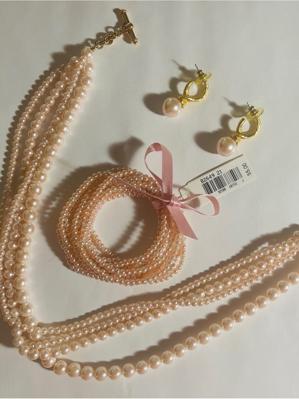 Carolee Pink Pearl Bracelet Set with Gold-Tone Drop Earrings
